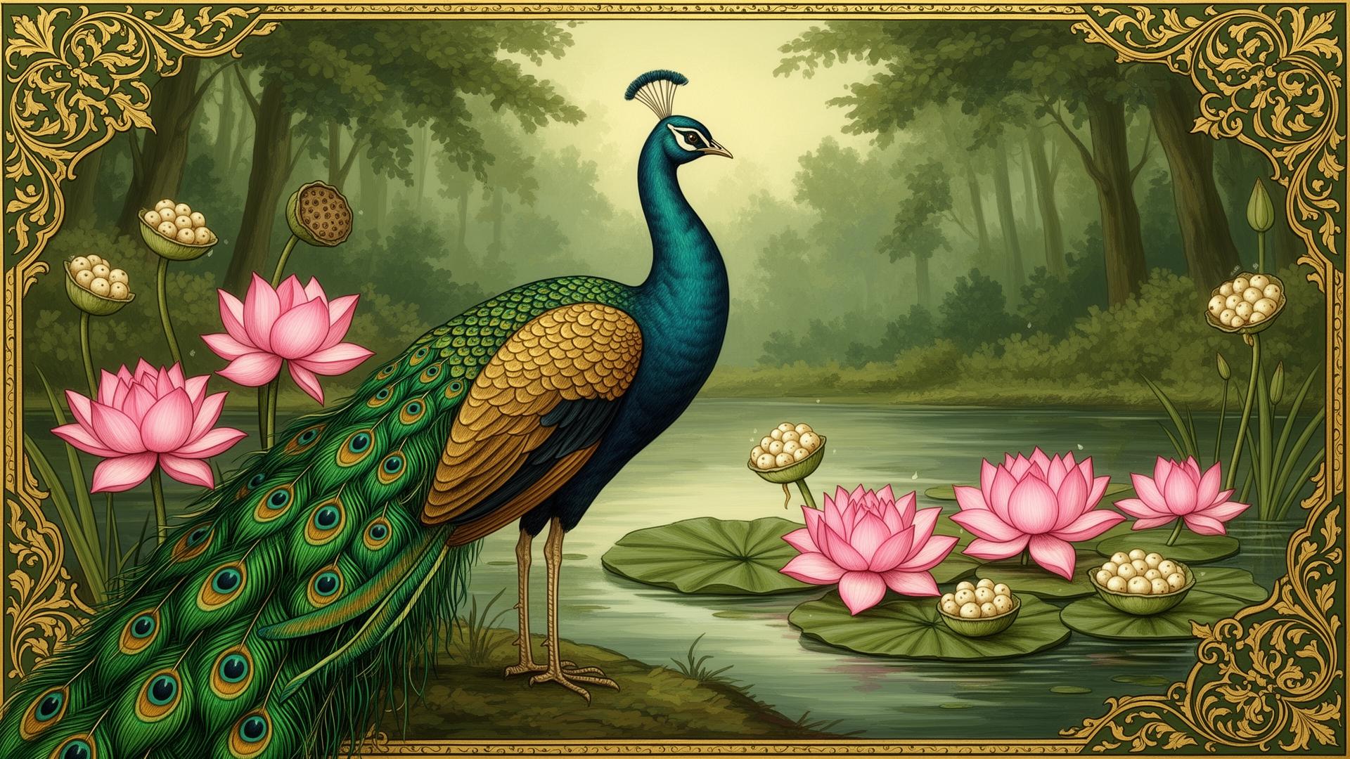 Peacock beside pink lotus blooms — Forest Fresh Co. Indian heritage