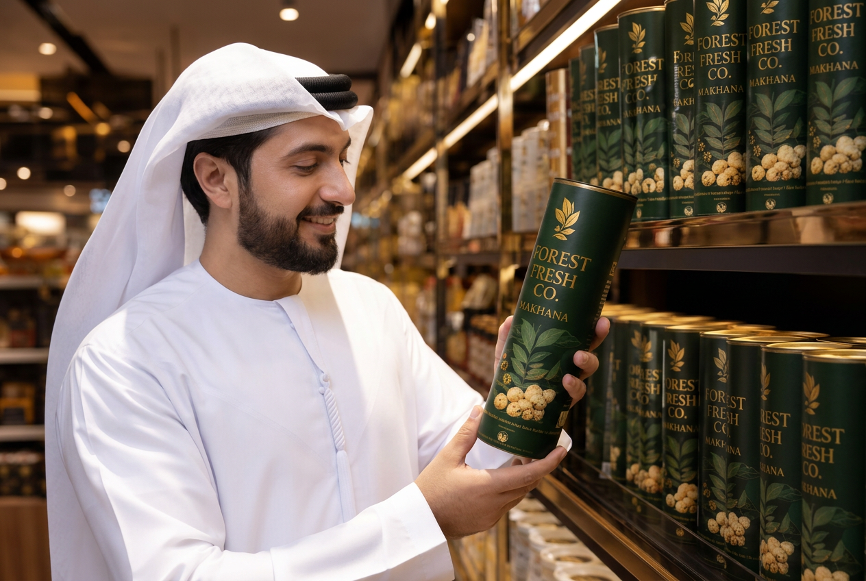 Shopper picking Forest Fresh Co. Makhana in a modern UAE grocery aisle